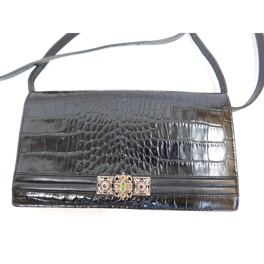 Brighton Black Croc Embossed Leather Organizer Crossbody Wallet